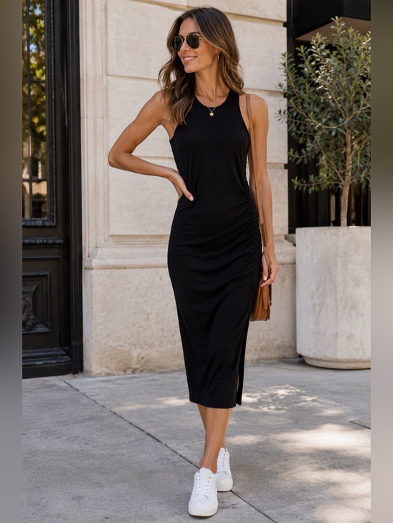 Michael Stars Dresses & Skirts - Michael Stars Black Ruched Midi Dress Small Racerback Stretch USA Made NWOT